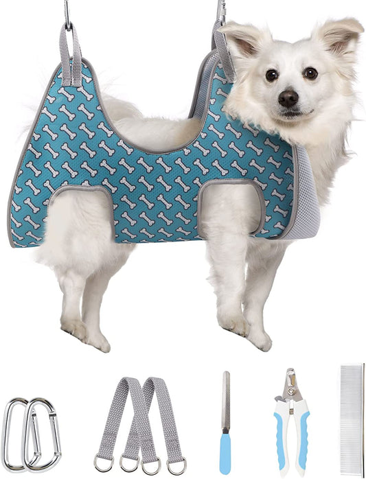 Dog Grooming Hammock Harness for Cats Dogs, Relaxation Pet Grooming Hammock Restraint Dog & Small Animal Leashes Sling Fo (Coral Blue, M（ Legs Spacing：9"-12.5" / Max W：50LBS ）)