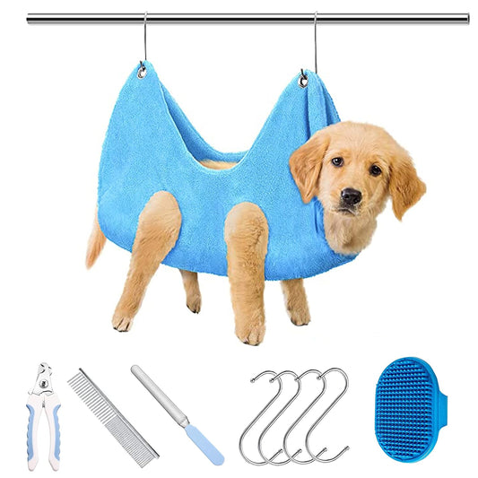 Pet Grooming Hammock Harness, Dogs & Cats Relaxation Restraint Grooming Bag with Pet Nail Clippers/Trimmer, Pet Comb, Dog Grooming Brush for Nail Clipping,Bathing, Clean Teeth, Ear/Eye Care L
